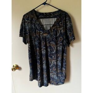 Folunsi Womens Navy Blue Paisley V-Neck Tunic Top Short Sleeve Plus Size 1X